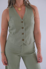 Chaleco Lino Off verde seco CÁPSULA