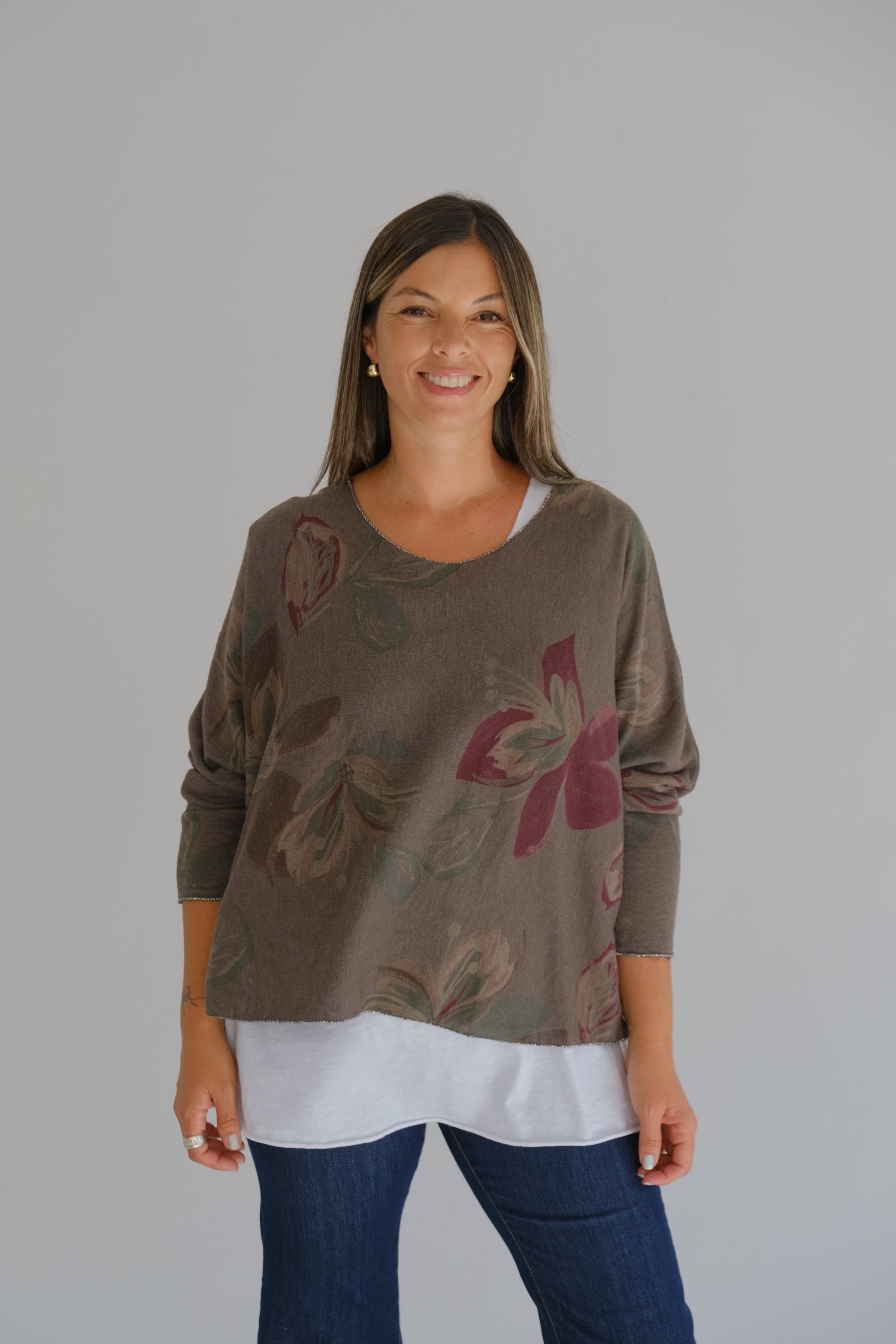 Sweater Doble Flores Chocolate