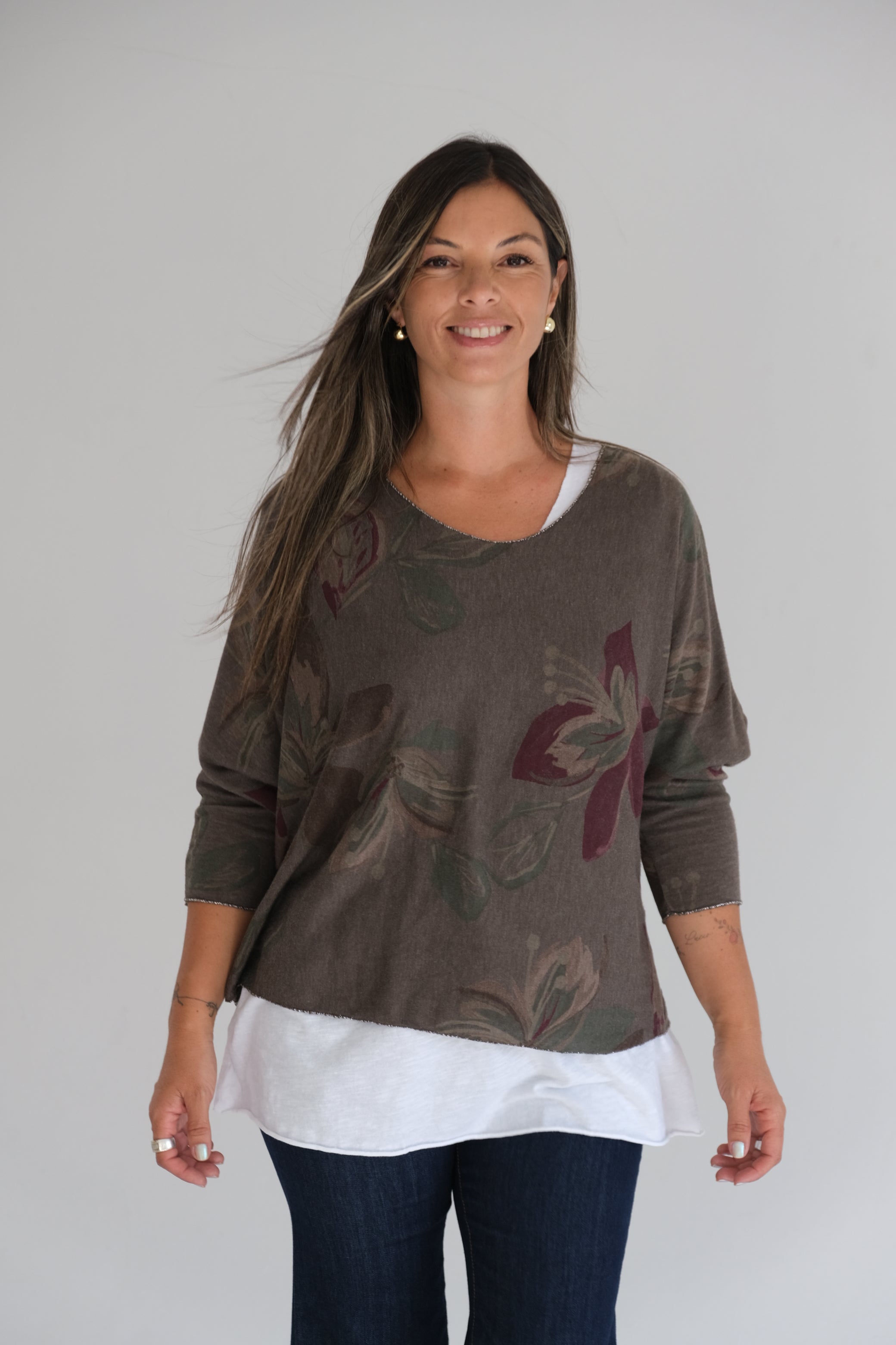 Sweater Doble Flores Chocolate