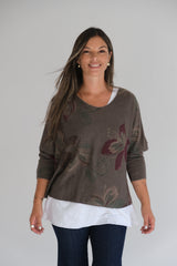 Sweater Doble Flores Chocolate