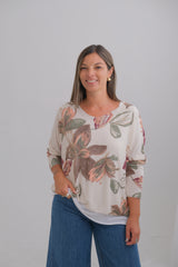 Sweater Doble Flores Beige
