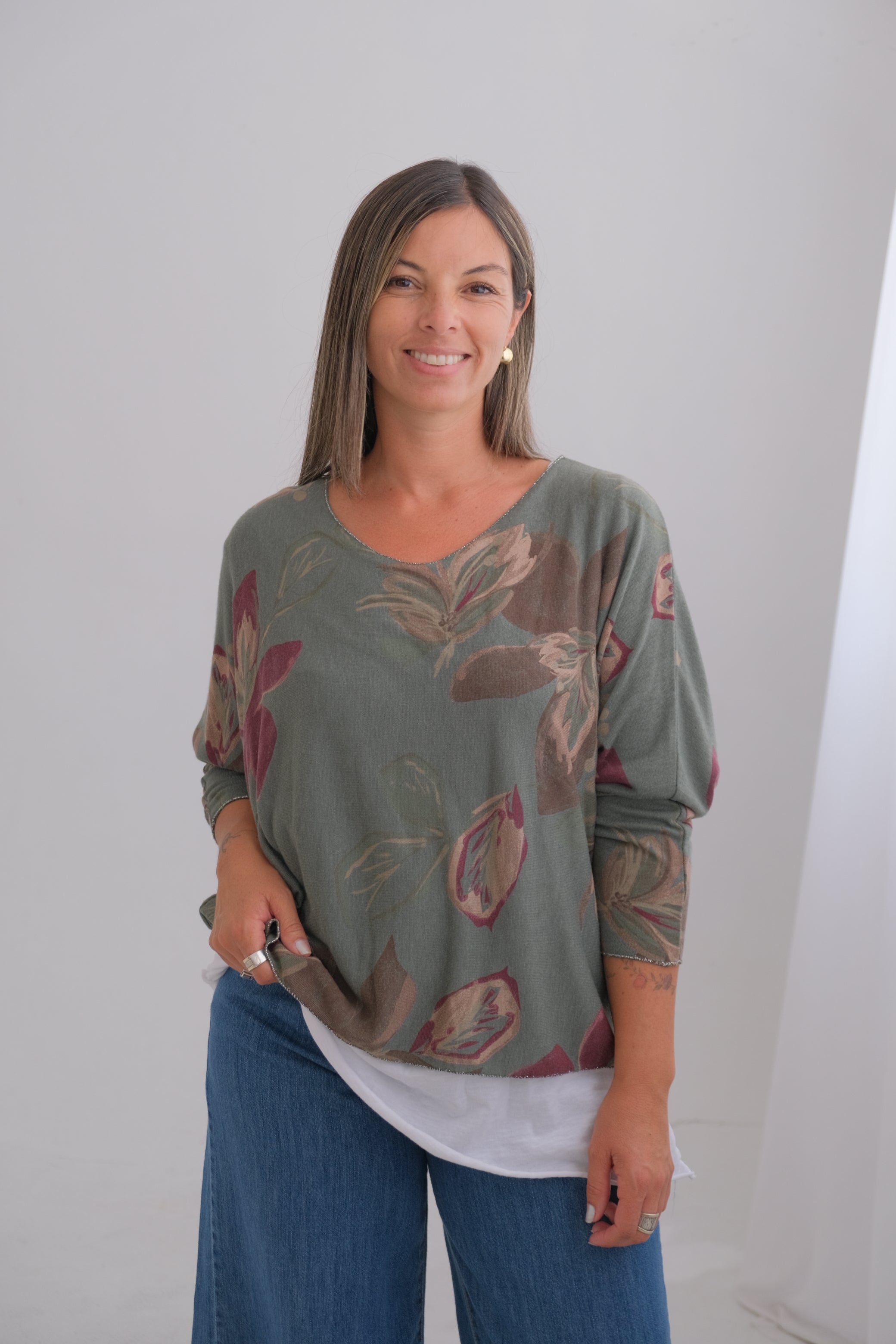 Sweater Doble Flores Verde