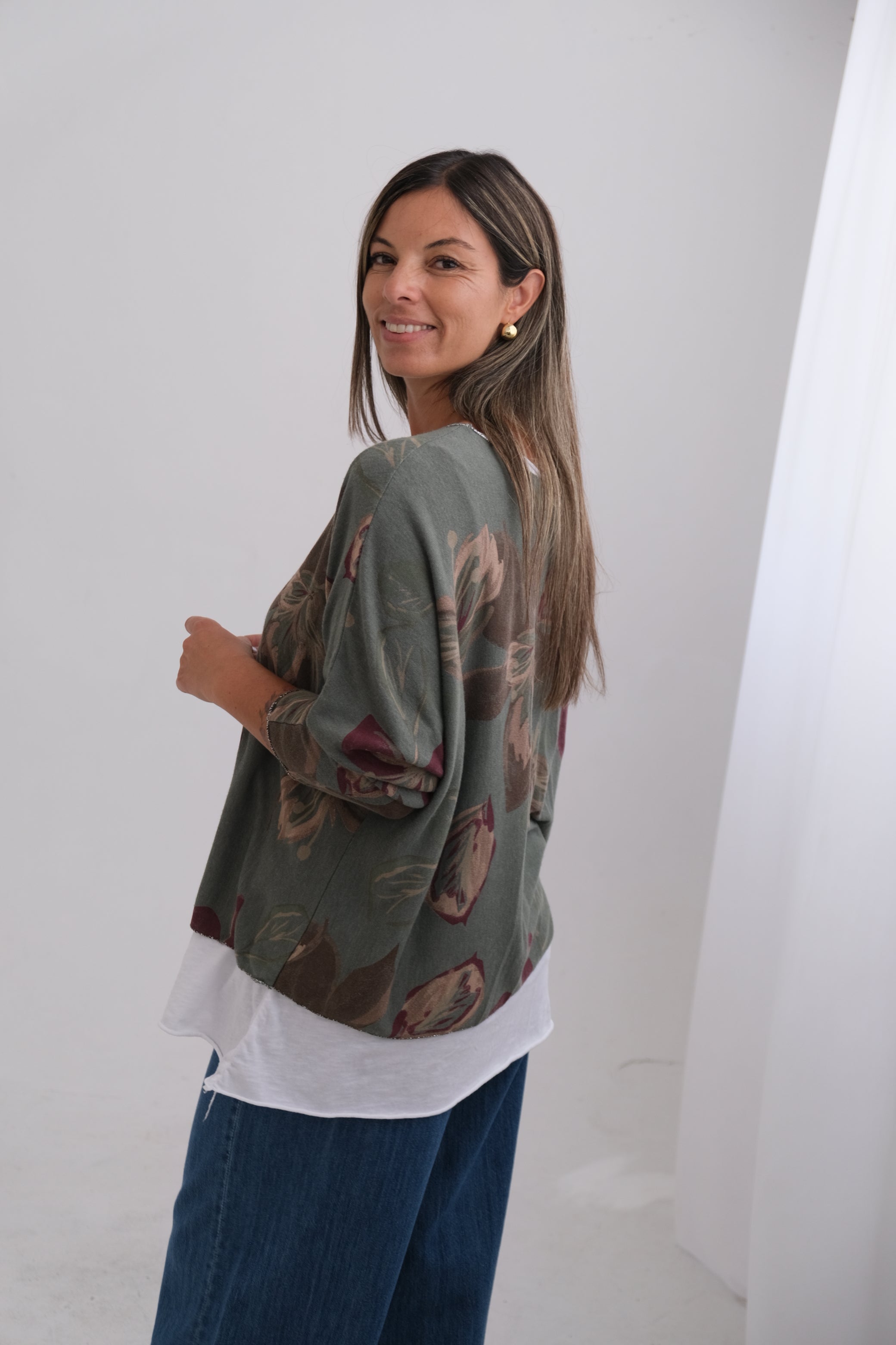 Sweater Doble Flores Verde