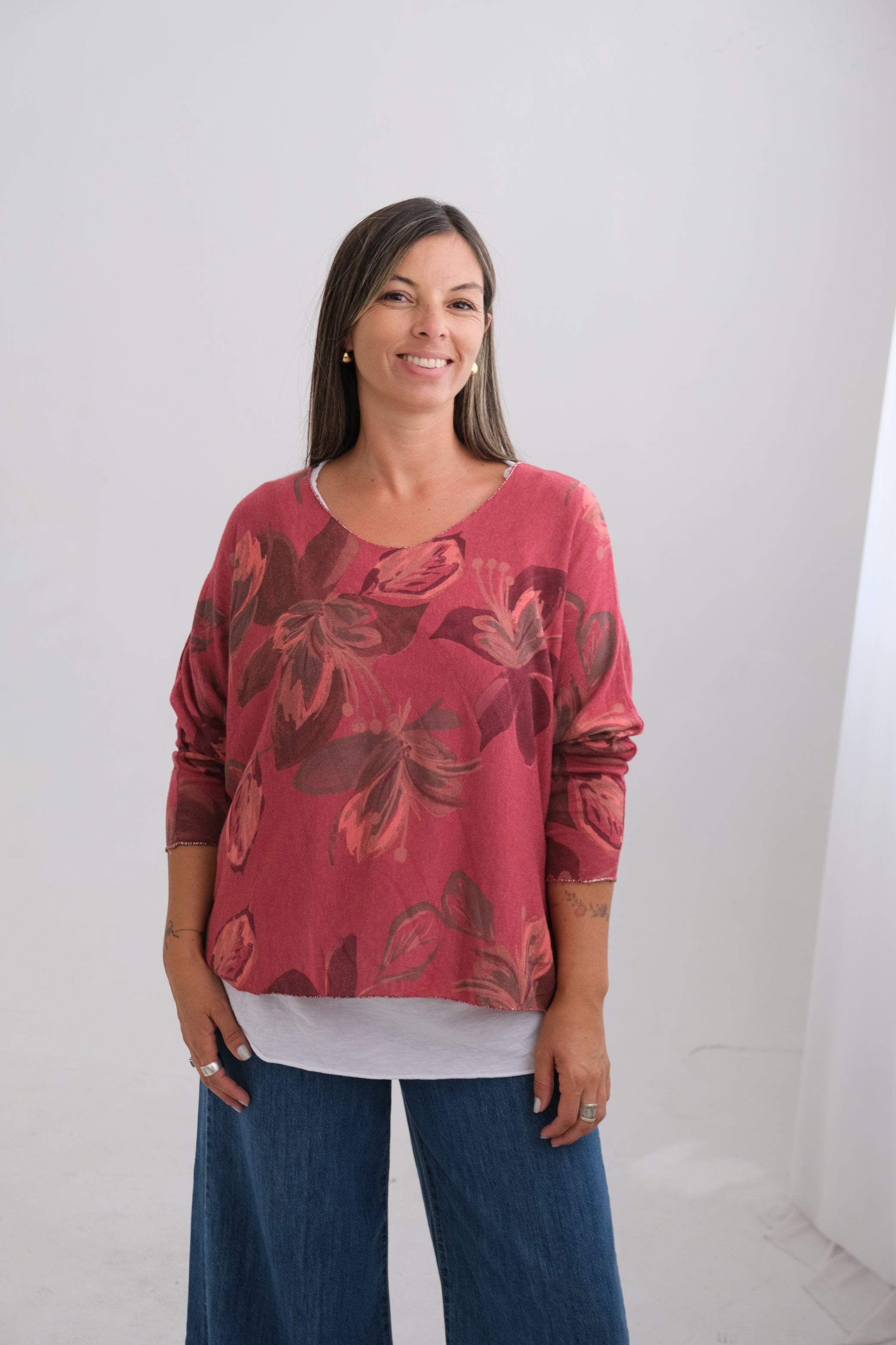 Sweater Doble Flores Rojo