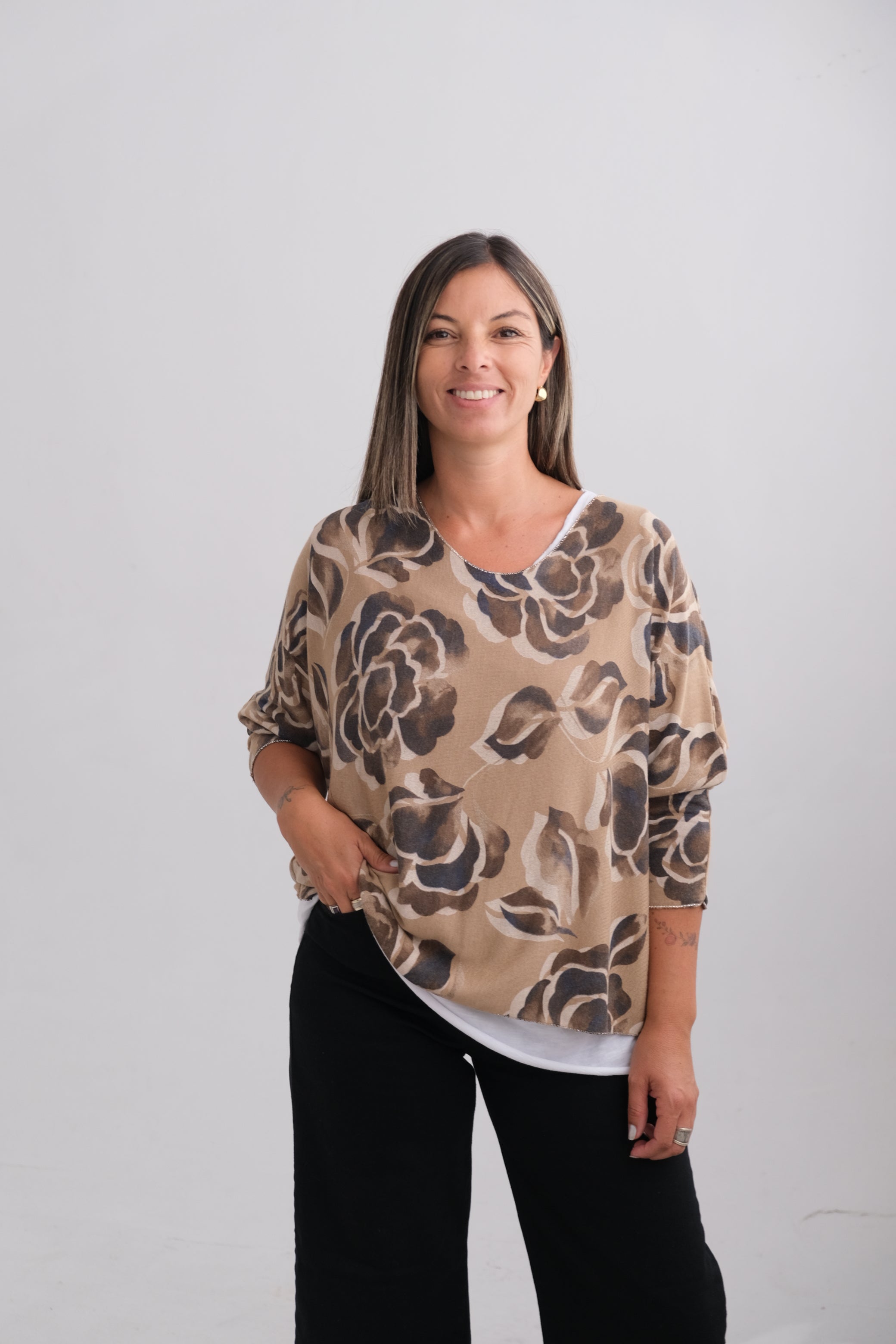 Sweater Doble Flor Tostado