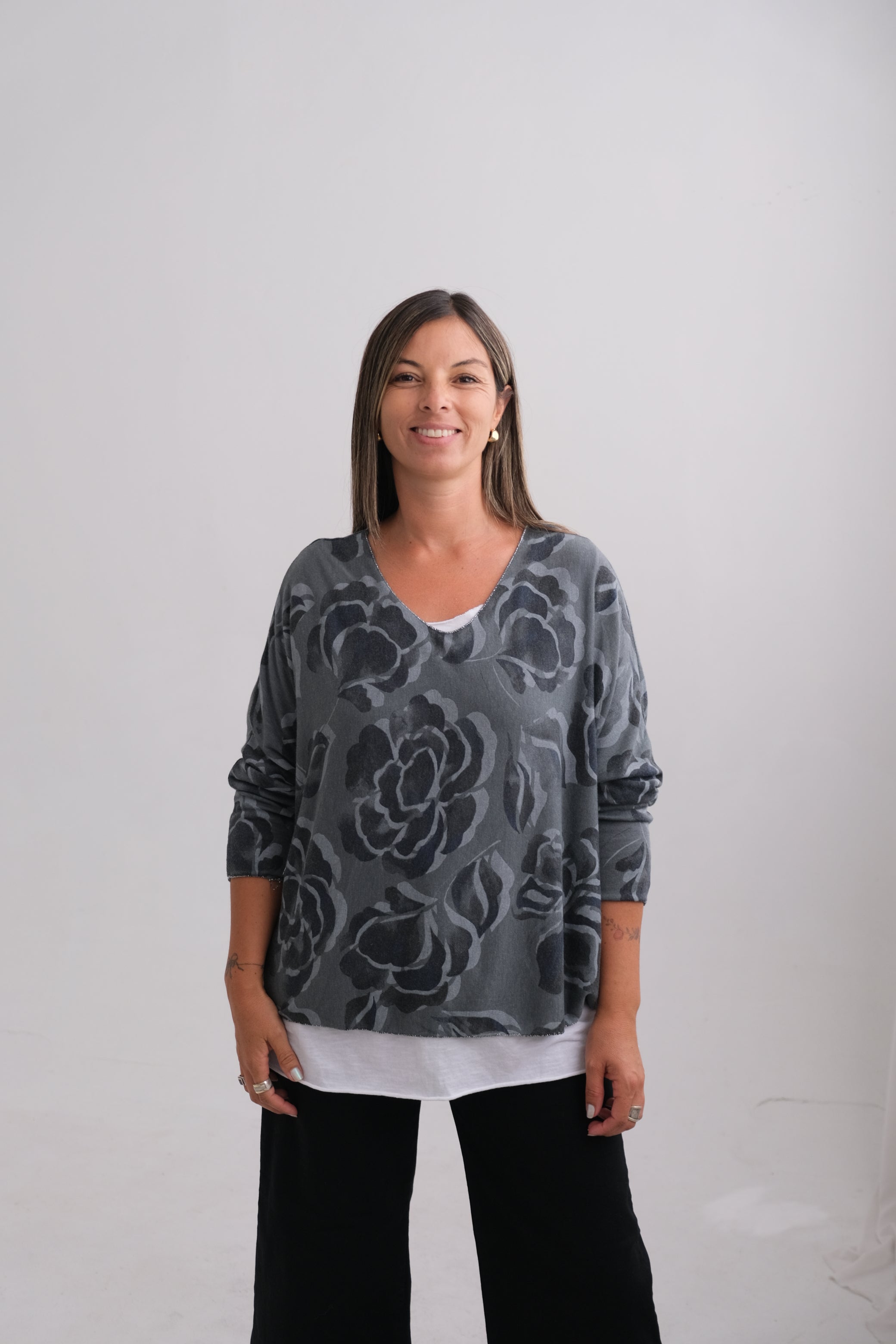 Sweater Doble Flor Petroleo